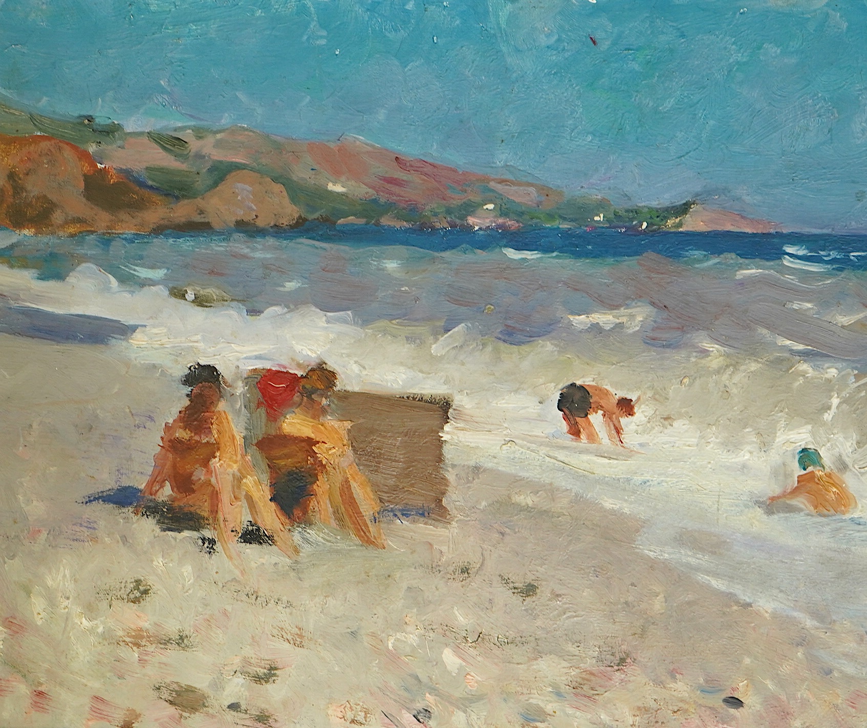 Impressionist oil on card, Beach scene with figures, unsigned, 27 x 32cm. Condition - good